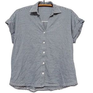 J. McLaughlin Women Medium White Blue Stripe Asymmetrical Collared Button Up Top